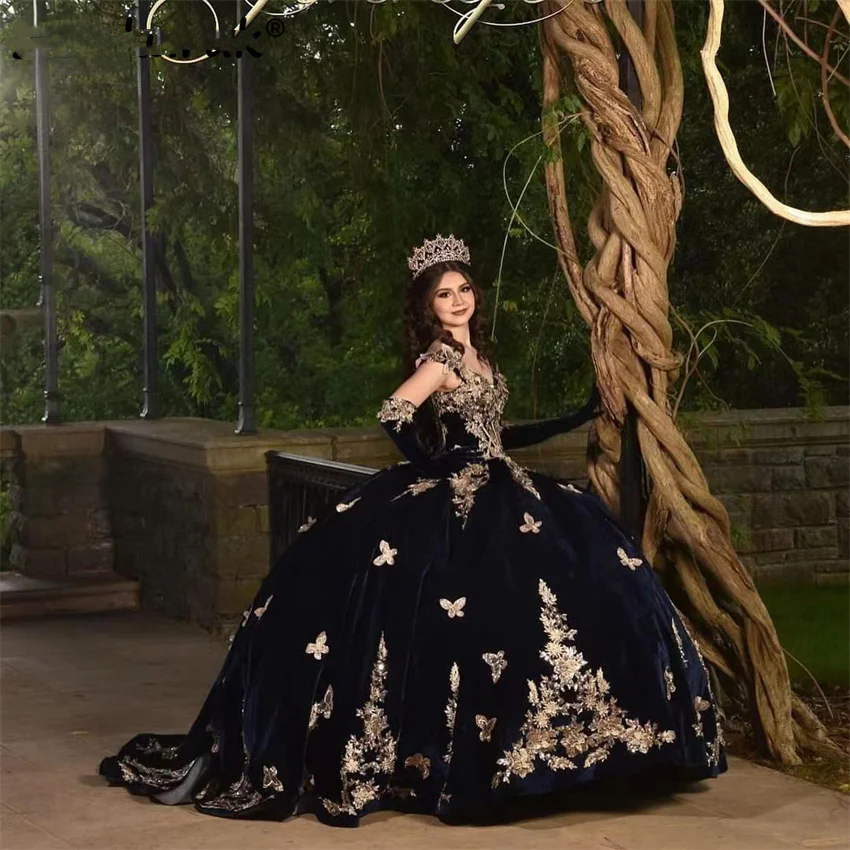 Navy Blue Veet Quinceanera Dress With Gloves & Butterfly Appliques - Sweet 16 Ball Gown