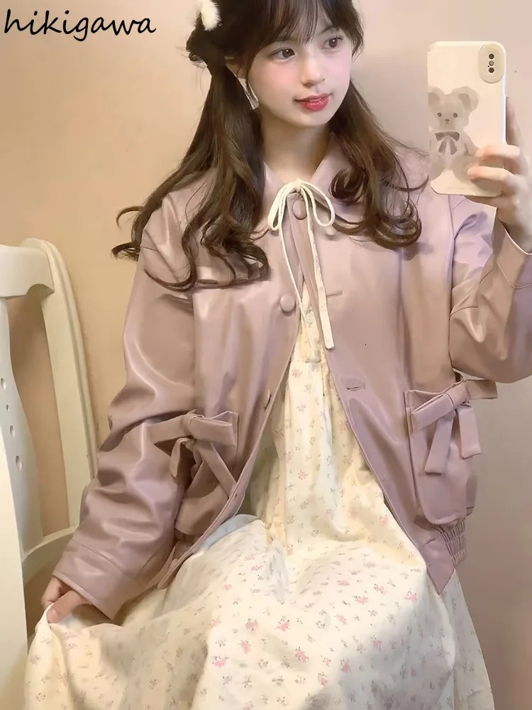 Vintage Leather PU Woman Jackets Japanese Fashion Outwear Ropa Mujer Sweet Bow Pink Coat Casual Y2k Coat Women Clothes 240717