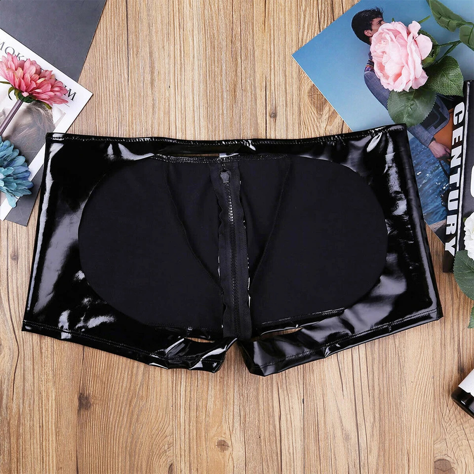 Open Butt Club Panites Man Faxu Leather Hollow Out Boxer Trunks Sexy Zip Pouch Underpants Eortic Lingerie Gay Men PVC Shorts 240711