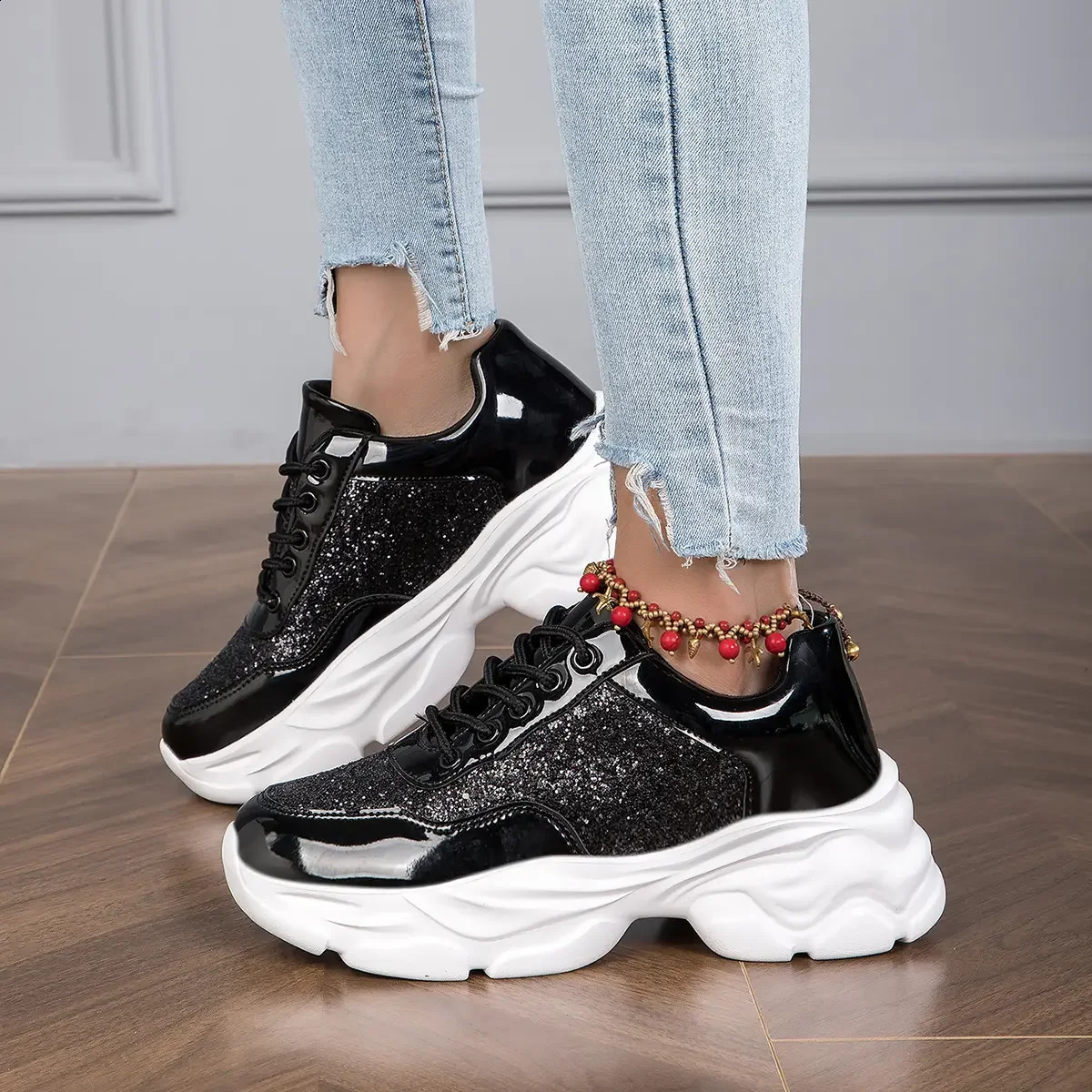 Women Sneakers Running Shoes Sports Casual Shoes Sportwear Walking shoesPatent leather sequined daddy women 240718