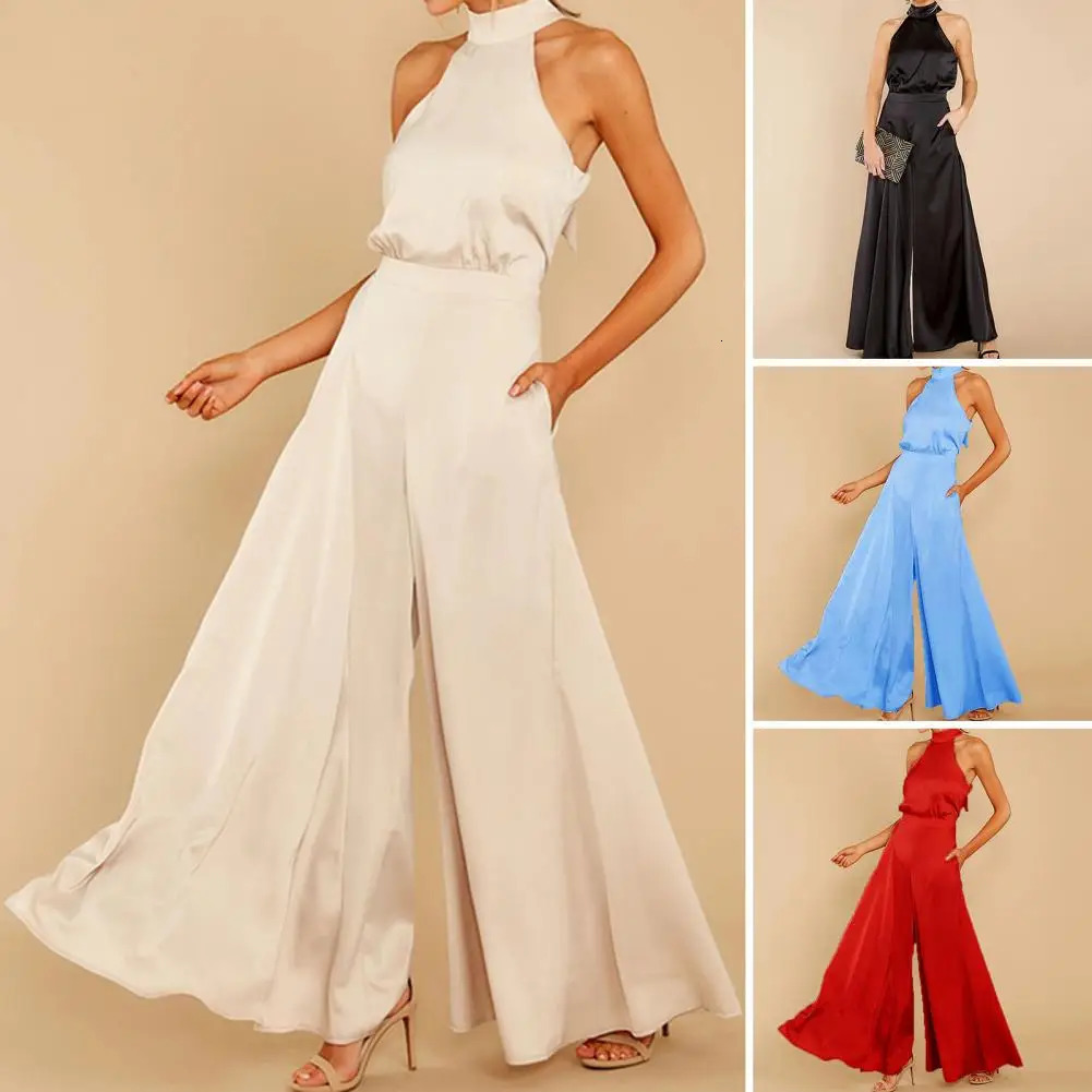 Pure Color Jumpsuit Elegant Off-shoulder Womens Jumpsuit with Halter Neck Wide Leg for Parties Proms Featuring Deep Crotch 240715