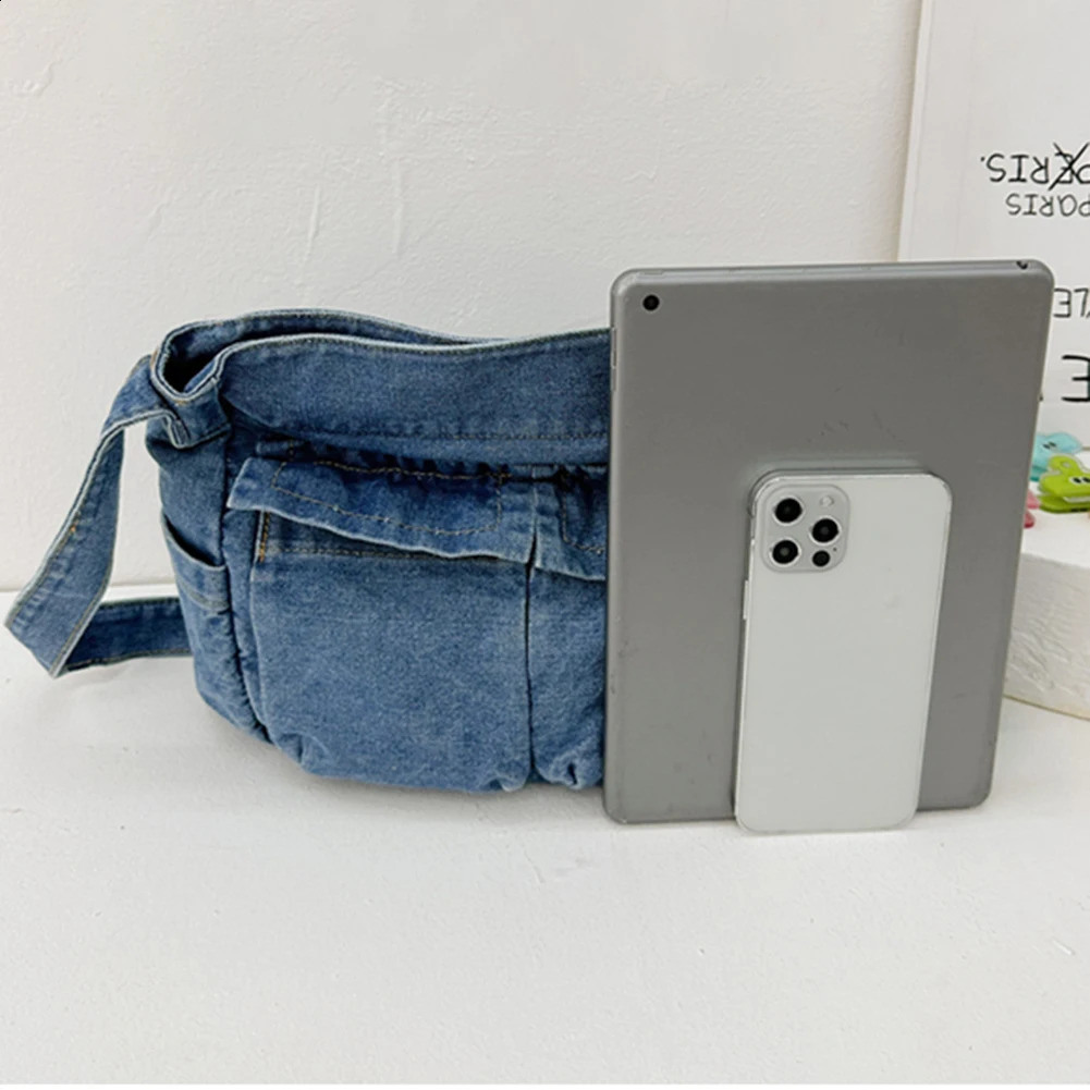 Denim Vintage Messenger Bag Retro Jeans Tote Large Capacity Women Casual Satchel Fashion Shoulder Handbag 240731