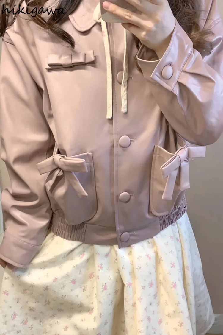 Vintage Leather PU Woman Jackets Japanese Fashion Outwear Ropa Mujer Sweet Bow Pink Coat Casual Y2k Coat Women Clothes 240717