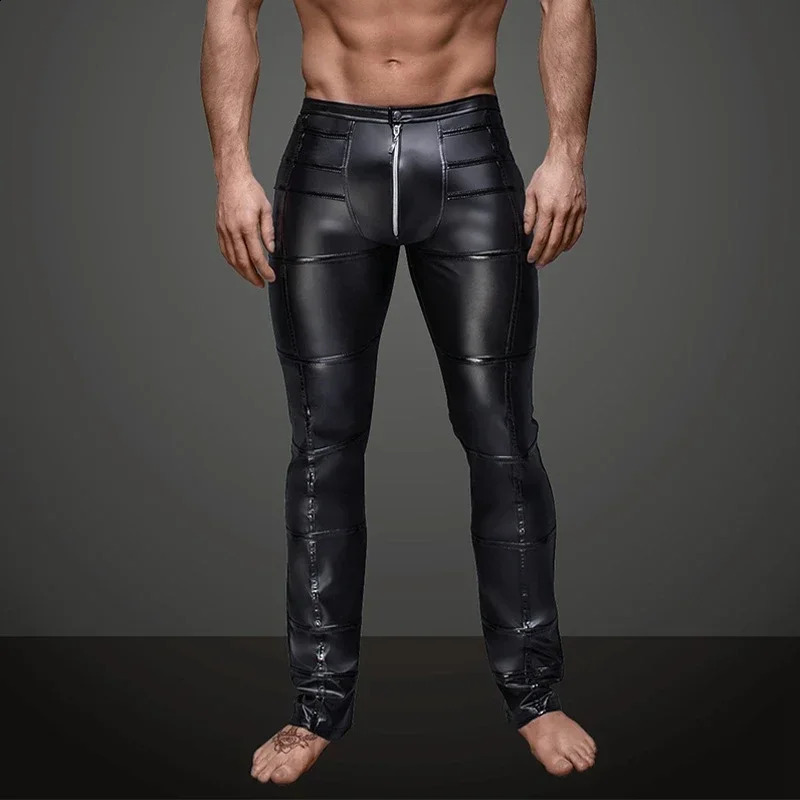 Men Sexy Wetlook Faux Leather Lingerie Exotic Pants PU Latex Catsuit zipper crotch PVC Clubwear gay fetish leggings zentai 240711
