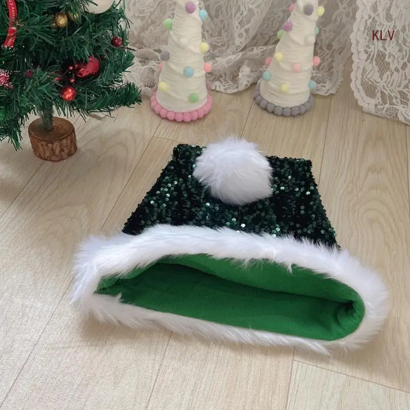 Adult Santa Hat with Sequins Thicken Plush for Holiday Comfort Liner Christmas Year Symbol Cap with White Brim 240715