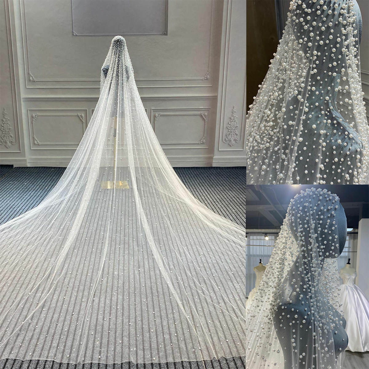 Long Bridal Veil 1 Tier Wedding Veil with Comb White Ivory Cathedral Pearls Beadeds Scalloped for Bride Accessories 300cm
