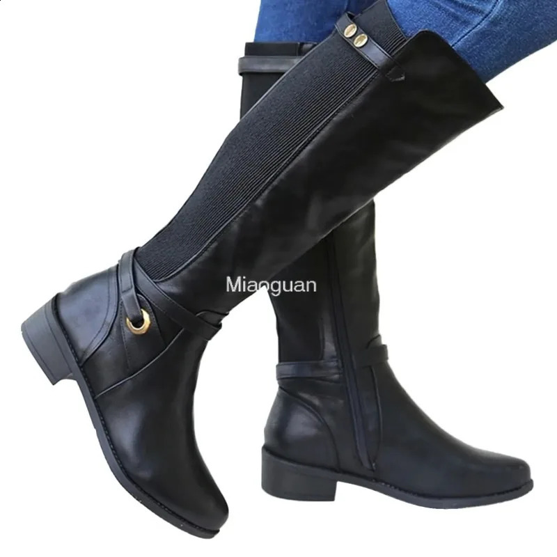 Womens Chunky Heel PU Leather Boots Long Booties Knee High for Ladies Autumn Winter Gothic Shoes Slouchy Woman Wide Calf 240718