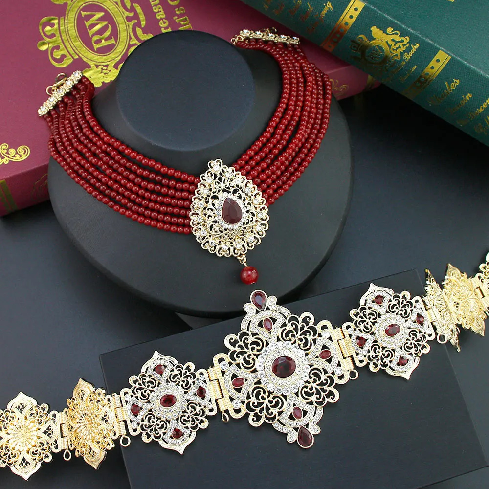 Sunspicems Moroccan Bride Jewelry Set suitable for women Caftan belt beading necklace pendant Brooch long earrings 240710