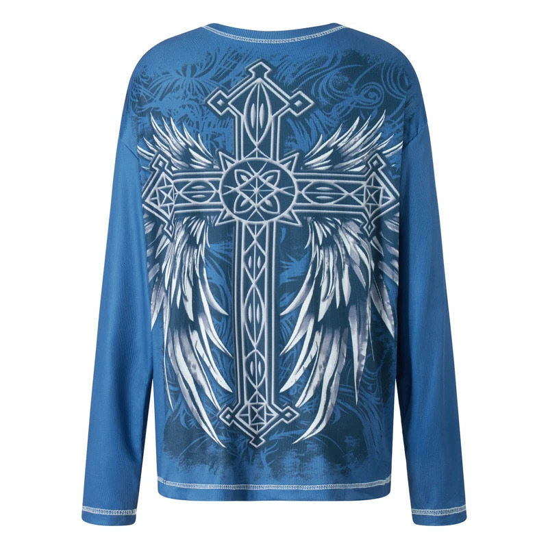 Xingqing 2000s T Shirt Graphic Clothes Punk Gothic Aesthetic Women Printing Round Neck Long Sleeve Tops y2k Egirl Tee Streetwear 240717