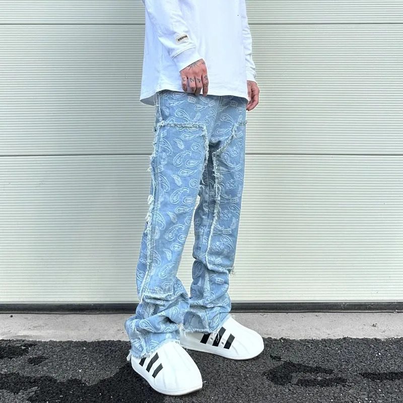 Y2k Frayed Urban Cashew Flower Full Print Patchwork Baggy Flare Jeans for Men Straight Pantalones Hombre Oversize Denim Trousers 240716