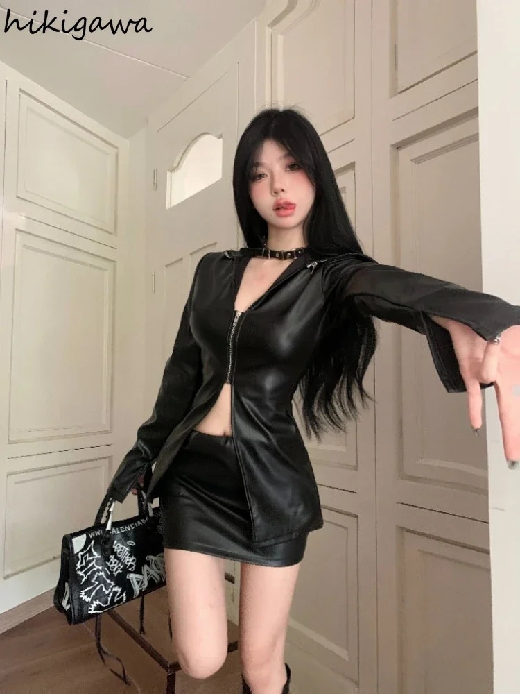 Temperament Black Coat Women Clothing Tunic Long Sleeve Zipper Y2k Tops Ropa Mujer Fashion Casual Leather PU Jackets 27r353 240717