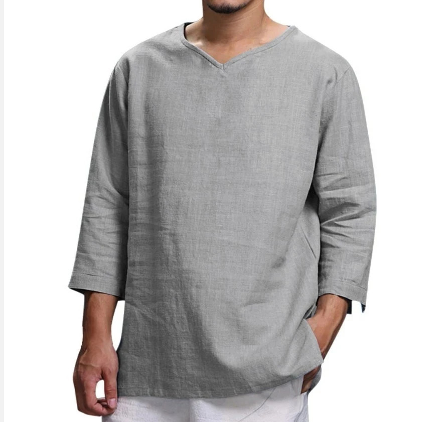 Cotton Linen Mens Long-Sleeved Shirts Summer Solid Color Stand-Up Collar Casual Beach Style Plus Size Linen Man Tops 240717