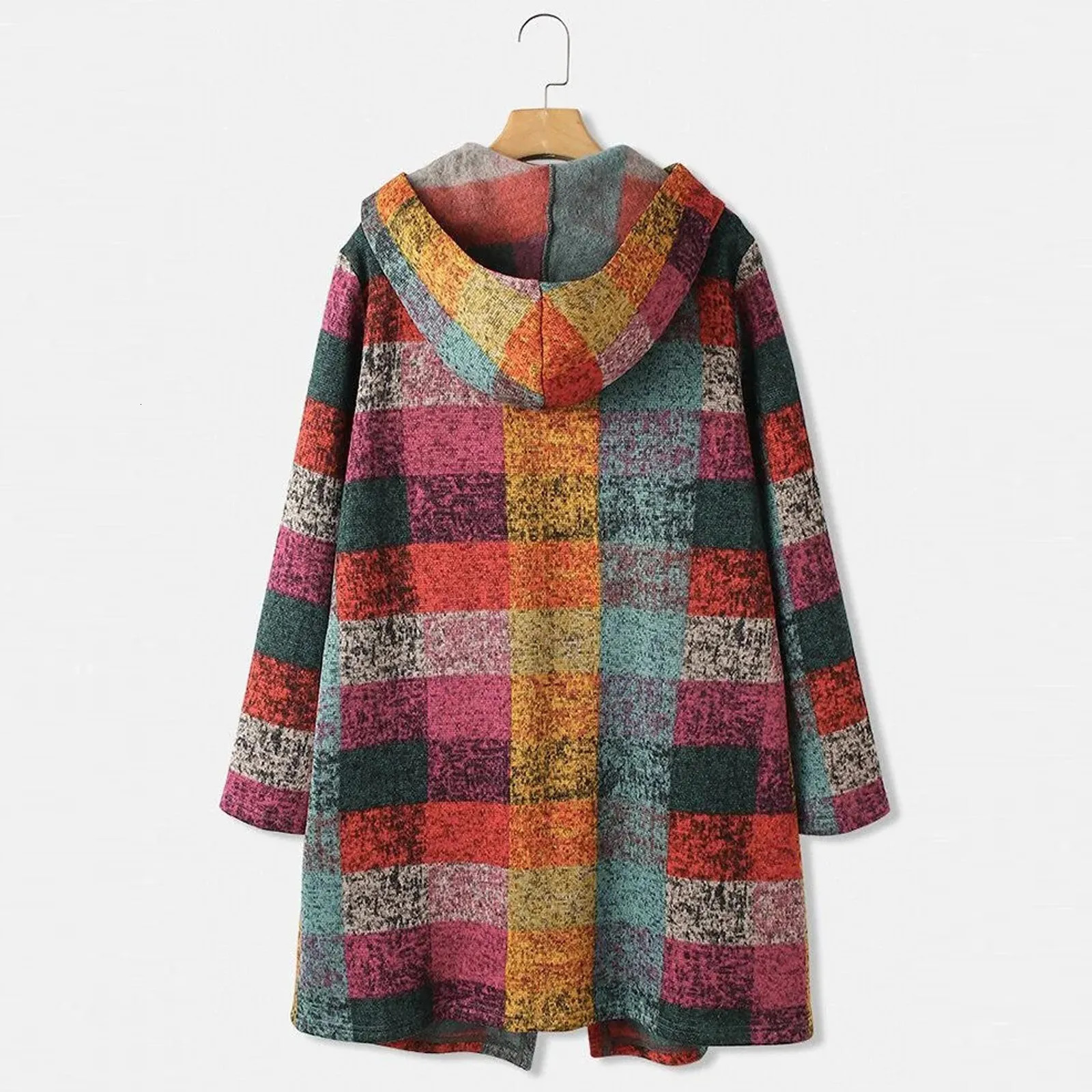 Womens Hooded Long Cardigan Casual Plaid Long Sleeve Gradient Color Knitting Coats Jacket With Pocket Autumn Casual Knitwear 240717
