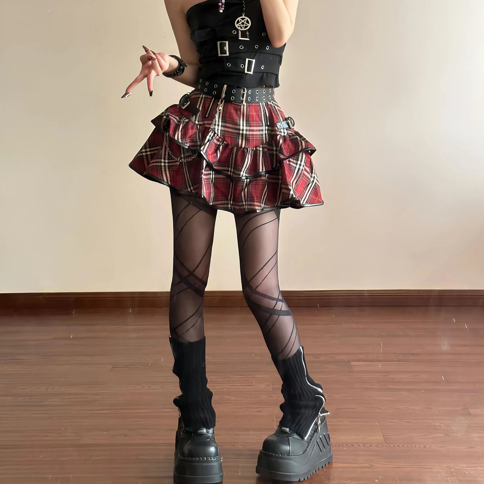 Korean Japanese Sweet Clothes Gothic Punk Skirts Y2k Streetwear Dark Aesthetics Pleated Ball Gown Plaid Stripe Mini Skirt 240715