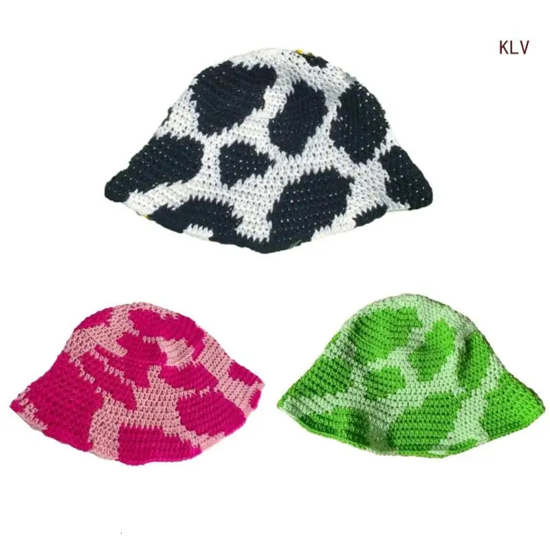 Elegant Bucket Hat Colorful Cow Pattern Crochet Hat Holiday Decors Vacation Hat Western Cloch for Schoolgirls 240715