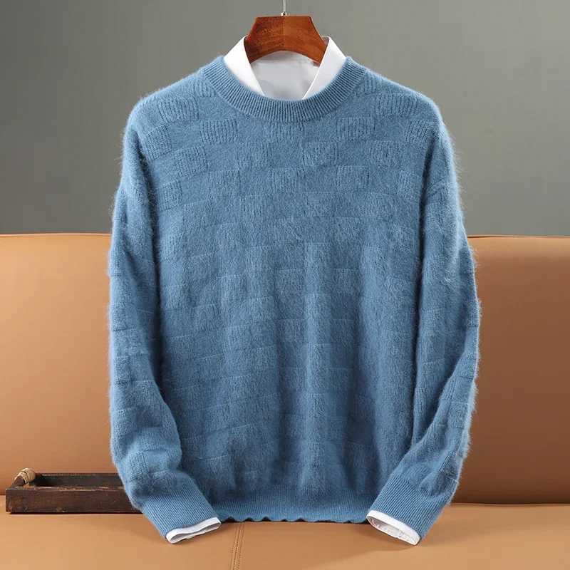 Men 100% Alxa Cashmere Sweater Round Neck Pullover Knit Sweater Autumn and Winter New Checkered Long-Sleeved High-End Jumper Top Z240912