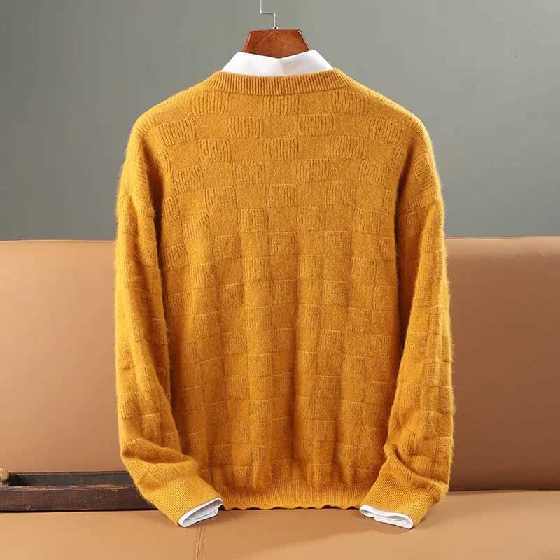 Men 100% Alxa Cashmere Sweater Round Neck Pullover Knit Sweater Autumn and Winter New Checkered Long-Sleeved High-End Jumper Top Z240912