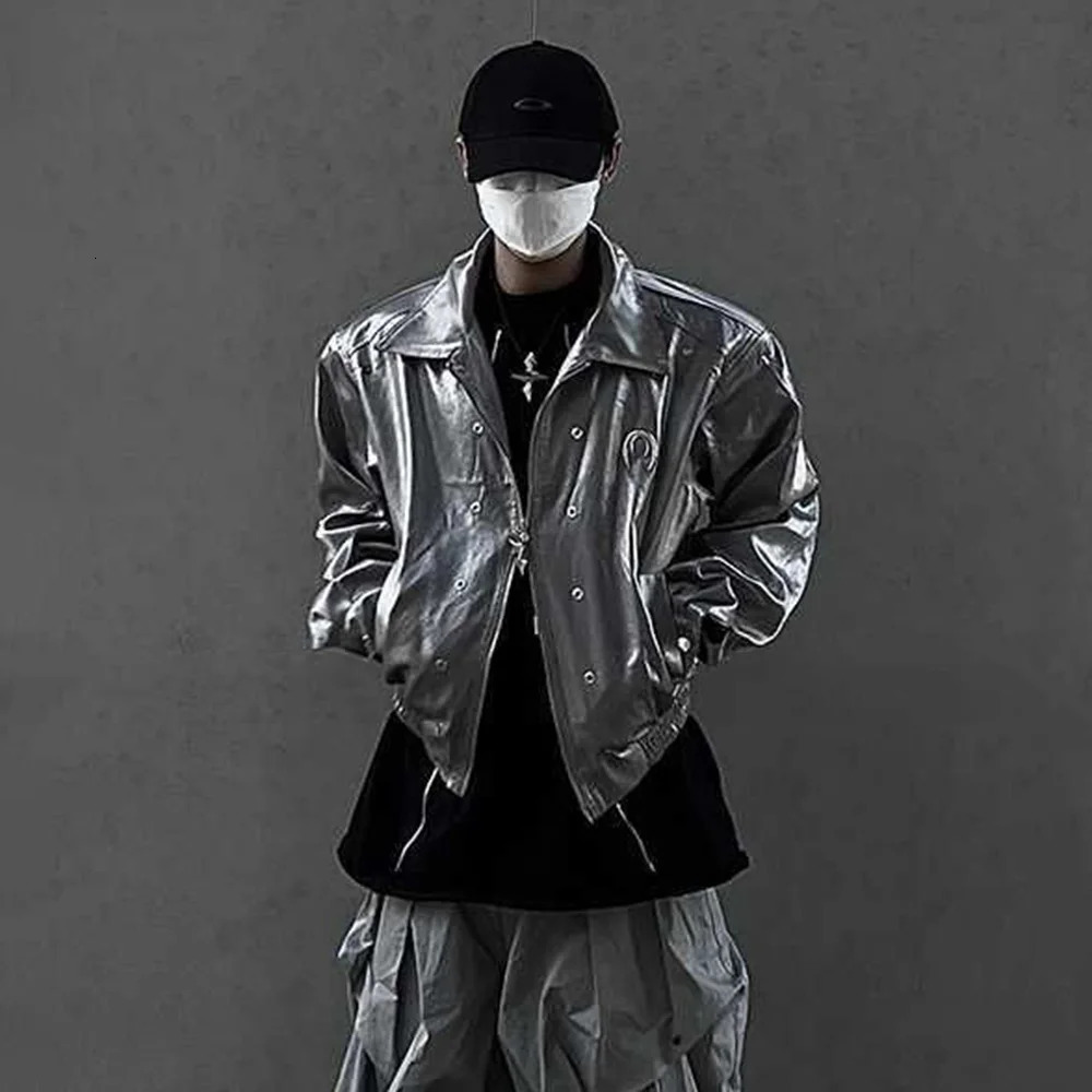 Mens Leather Outerwear Y2k Clothes Trend Streetwear Faux Leather Glossy Long Sleeve Jackets Motorcycle Zipper Short Tops Coat 240716