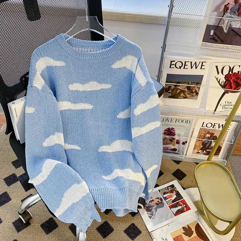 Lazy Style Clouds Print Men Long Sleeve Sweaters Japan Style Fashion Harajuku Simple Oversized Knitted Couple Clothes Blue Navy Z240912