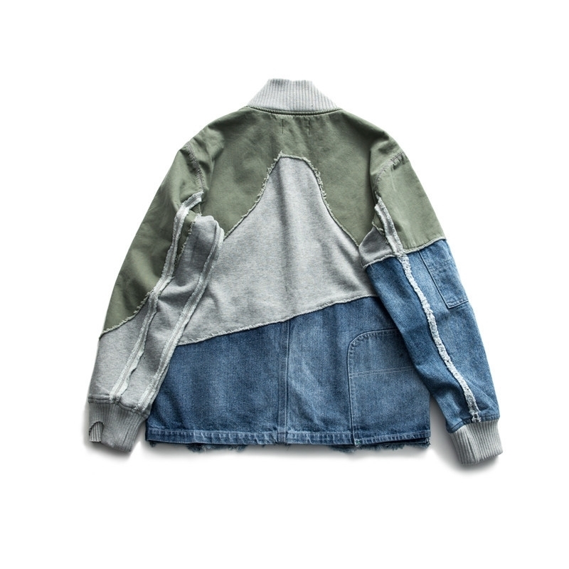 ABOORUN Washed Ripped Denim Patchwork Jackets Mens Vintage Turtleneck Cotton Coat 240701
