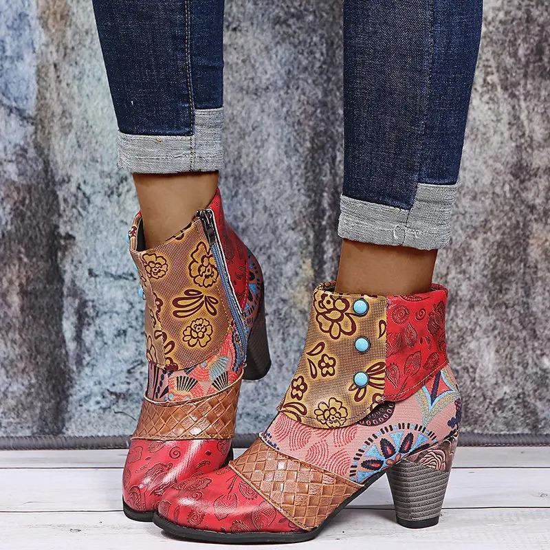 Ankle Boots Women Autumn PU Womens Shoes Ethnic Waterproof Casual Vintage Shoes Zipper High Heel Short Boots Botas Mujer 240716 - view 6