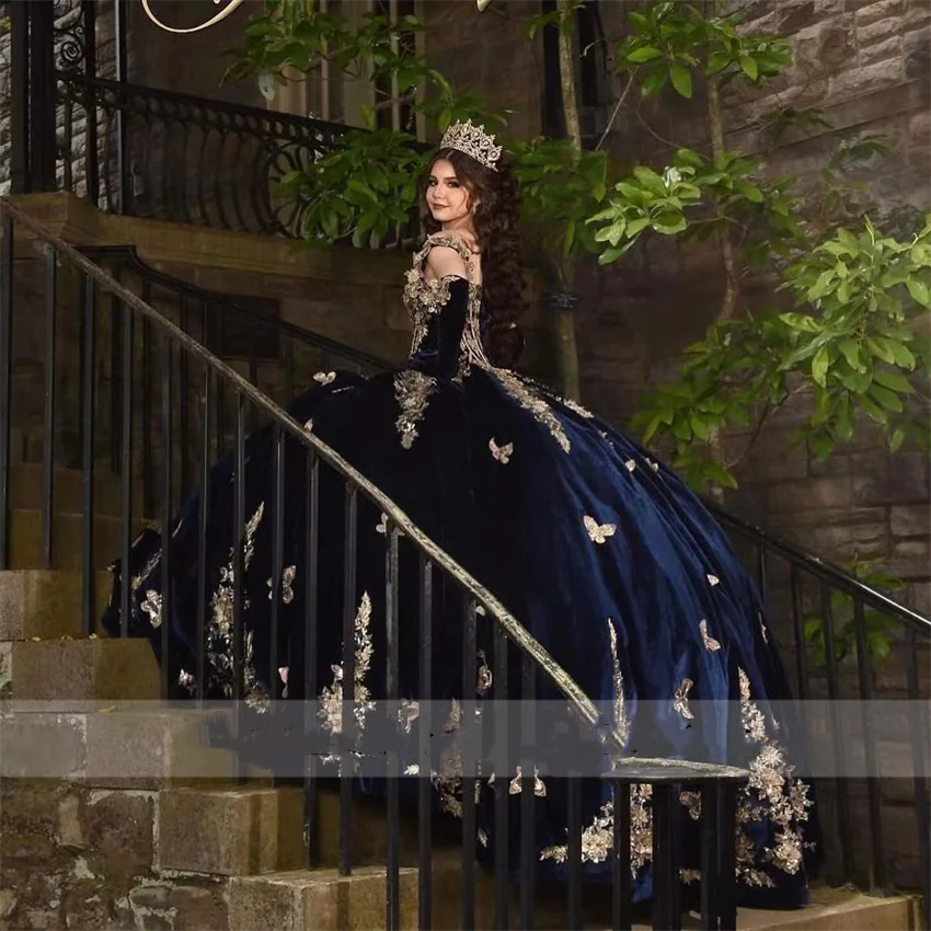 Navy Blue Veet Quinceanera Dress With Gloves & Butterfly Appliques - Sweet 16 Ball Gown