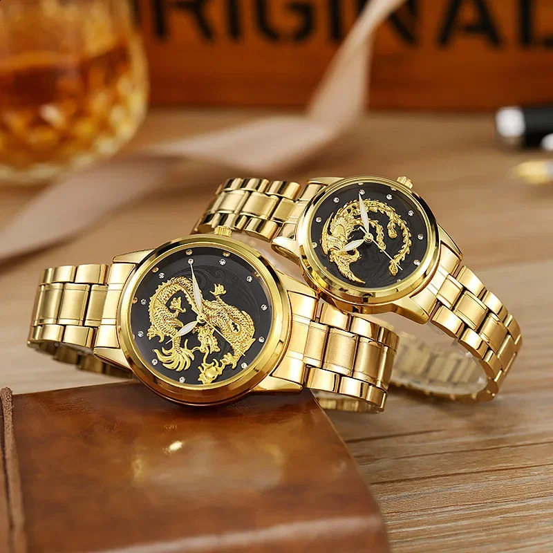 Emperors Thoughts Relief Dragon Mens Watch Waterproof Nonmechanical Phoenix Together Fashionable Wristwatch 240716