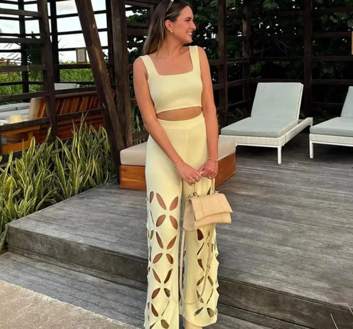 2024 Hollow Pants Set Womens Top Sexy Knitted Short Wide Street Clothing 240717