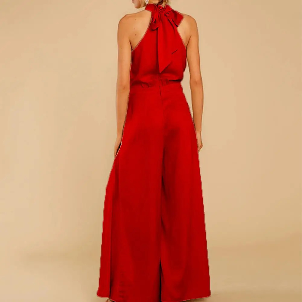 Pure Color Jumpsuit Elegant Off-shoulder Womens Jumpsuit with Halter Neck Wide Leg for Parties Proms Featuring Deep Crotch 240715