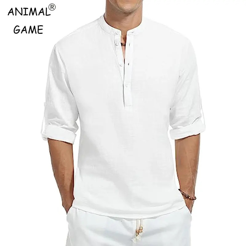 Mens Casual Cotton Shirt Long Sleeve Band Collar Henley Solid Color Tops 240717