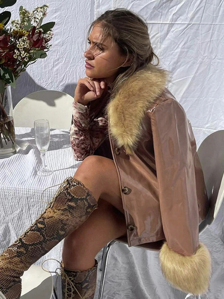 Rockmore Fur Collar Leather Jackets for Woman Autumn Winter Windproof PU Coats Fashion Streetwear Button Up Jacket Y2K Vintage 240717