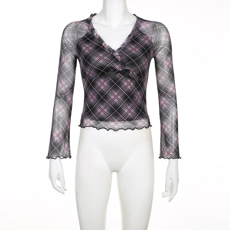 Pink Stripe Plaid Mesh Y2K T-Shirts Women Frills Trim V Neck Bow Japanese Kawaii 2000s Clothes Slim Long Sleeve Tees 240717