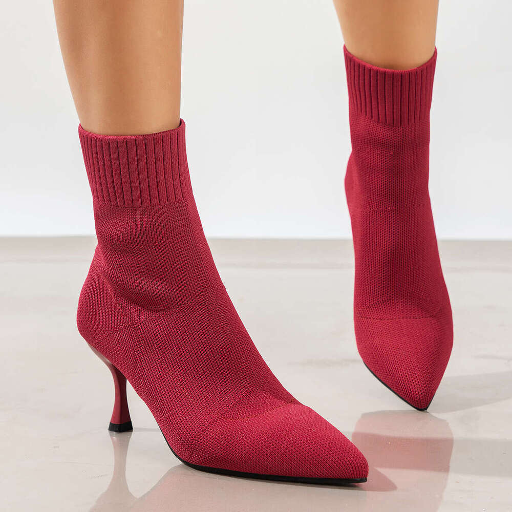 Large size slim high short knitted autumn and winter single pointed thin heels shoes women's boots