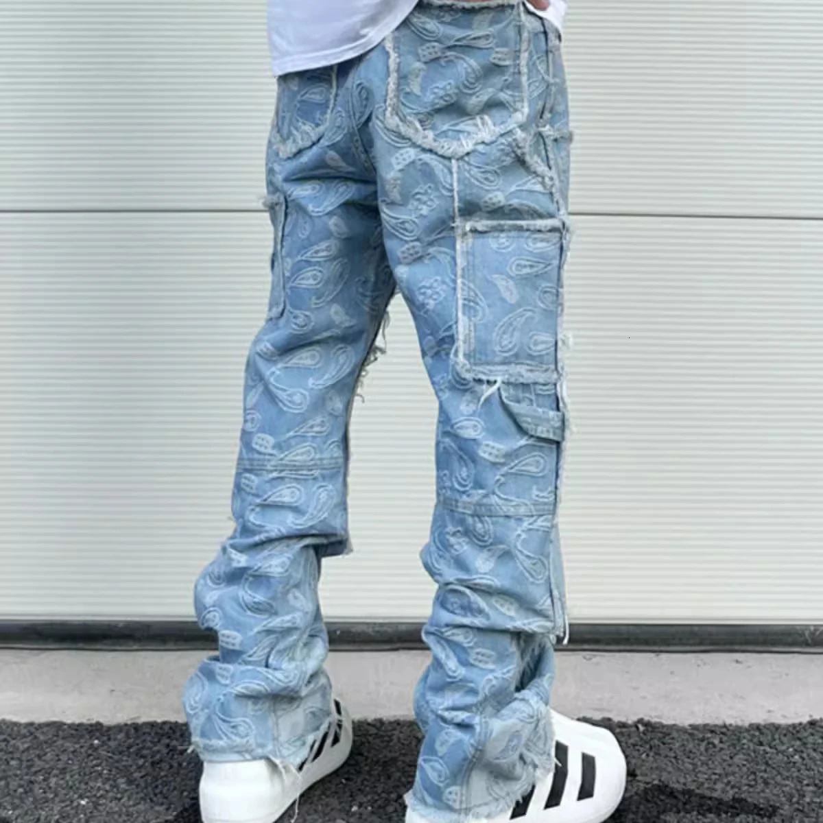 Y2k Frayed Urban Cashew Flower Full Print Patchwork Baggy Flare Jeans for Men Straight Pantalones Hombre Oversize Denim Trousers 240716