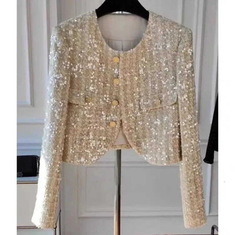 Temperament Sequin Coarse Tweed Jacket Women Korean Fashion Round Neck Single Breasted Celebrity Spring Chic Gentle Sweet Coat 240712