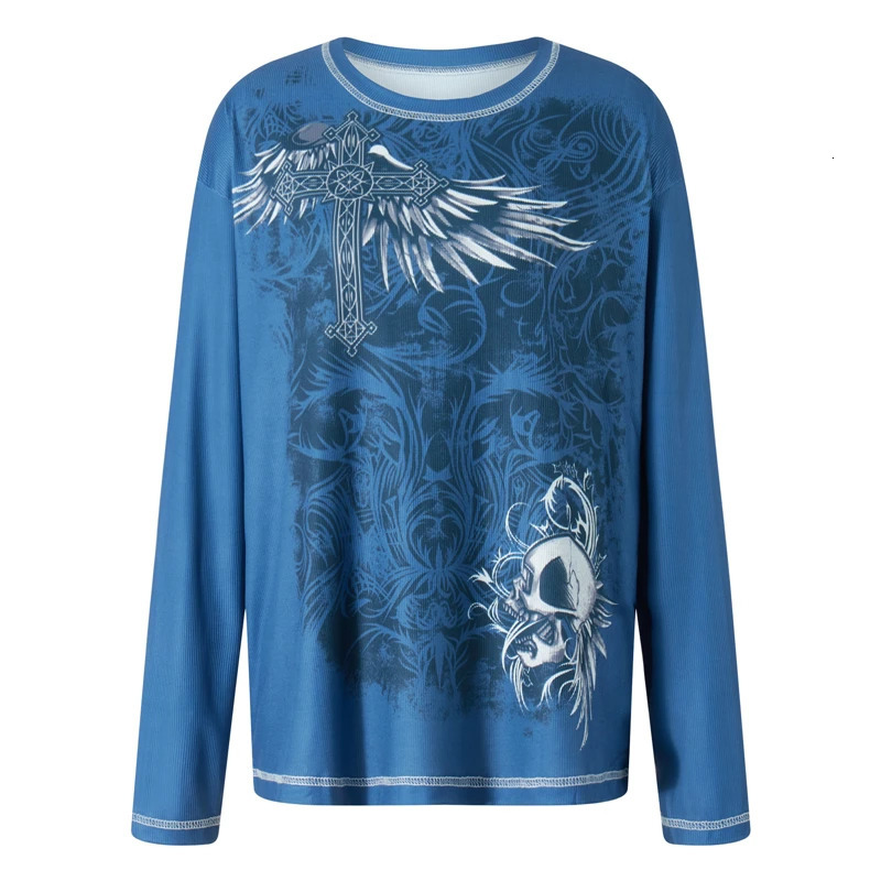 Xingqing 2000s T Shirt Graphic Clothes Punk Gothic Aesthetic Women Printing Round Neck Long Sleeve Tops y2k Egirl Tee Streetwear 240717