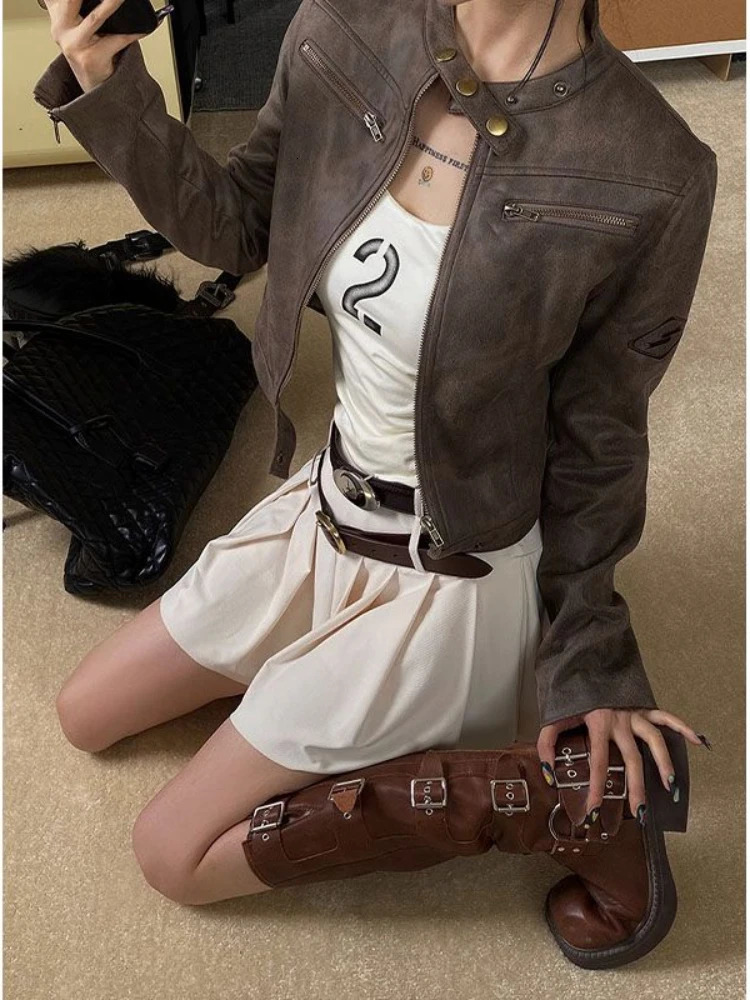 Deeptown Y2K 90s Vintage Leather Jackets for Women Punk Grunge Zipper Moto Biker Coats Harajuku Techwear Cropped Outwear Hip Hop 240717