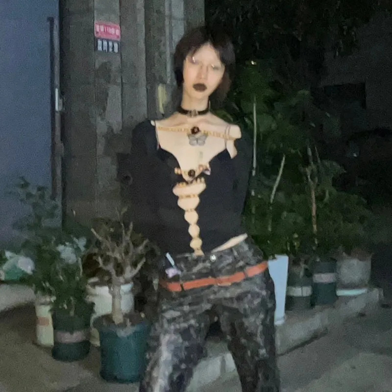 Karrram Japanese Y2k Hollow Out Tops Vintage Harajuku Beaded T Shirt 2000s Aesthetics Long Sleeve Slim T-shirts American Retro 240717