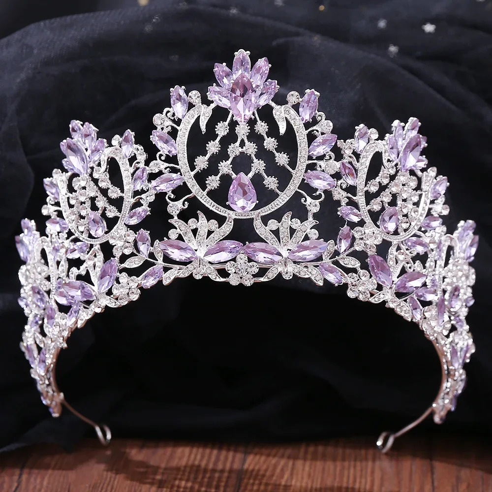 Silver Color Purple Crystal Crowns Bridal Tiaras Fashion Queen Rhinestone Diadem Headpiece Wedding Hair Jewelry Accessories Gift 240713
