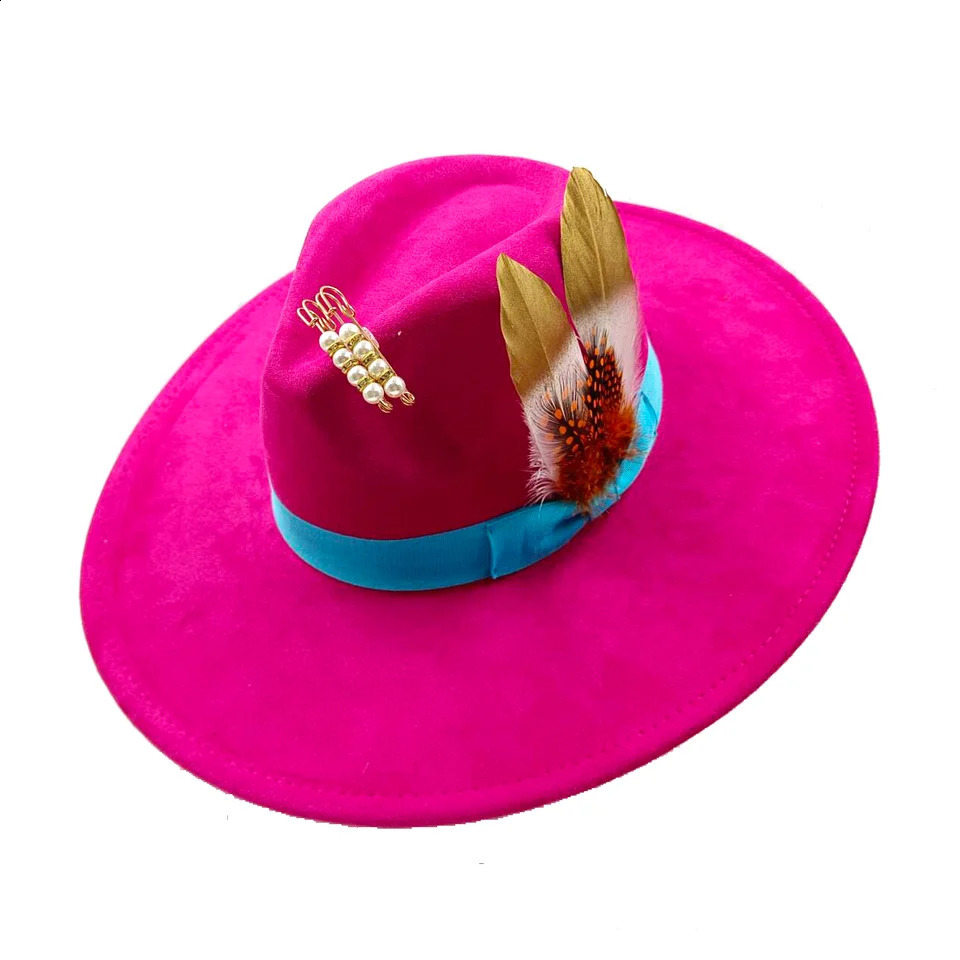 Suede fedora hat heart top 9.5cm brim feather accessories wide brim jazz hat men and women panama hat sombrero mujer gorras 240717