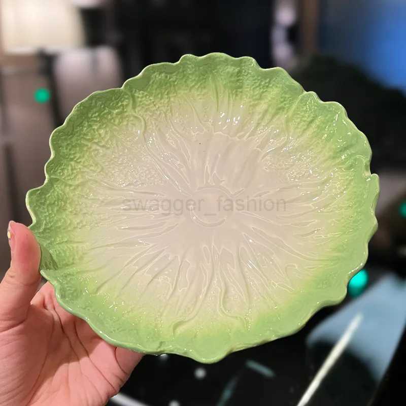 Creative Home Tableware Ceramic Cabbage Color Matching Pastoral Style Rice Ramen Bowl +Plate High-Grade Green TablewareB270723