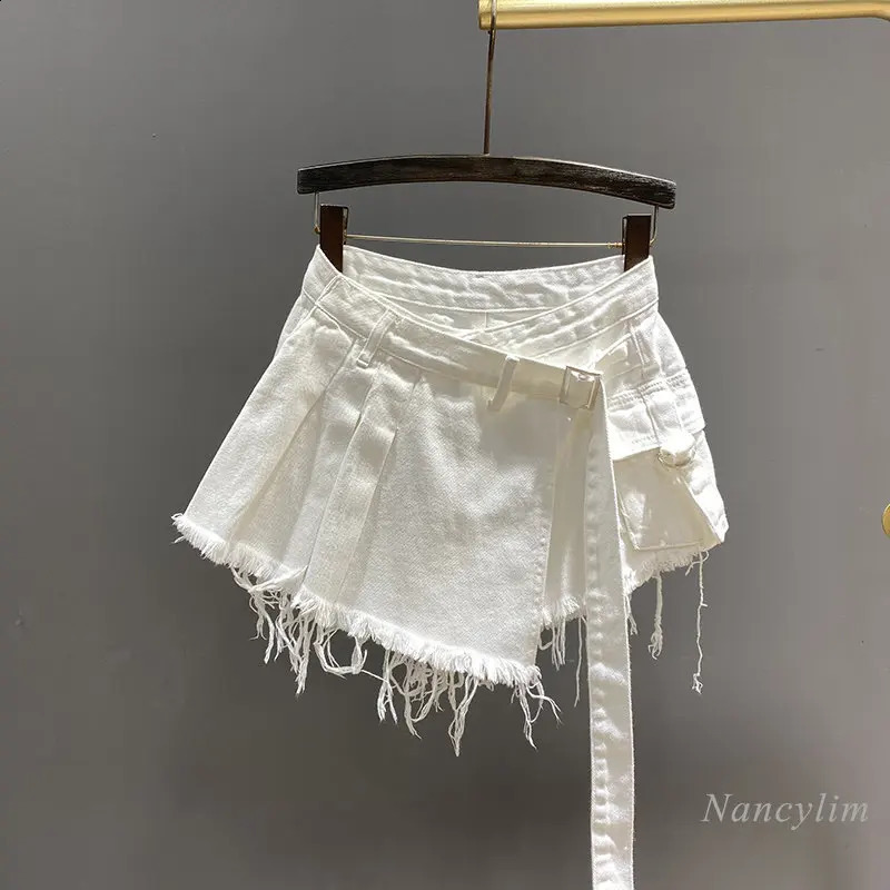 Irregular Pink Denim Skirt Womens Summer High Waist Slimming False TwoPiece A Line Workwear Short Mini Skirts 2024 240715