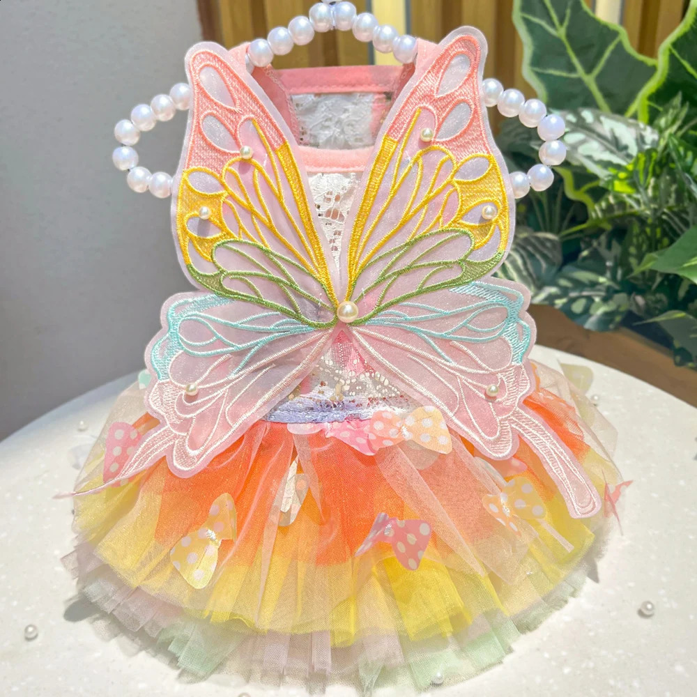 Big Butterfly Small Dogs Dress Mesh Lace Thin Apparel Rainbow Pet Tutu Winged Puppy Bridal Gown Tulle Skirt Clothing 240722 H260130