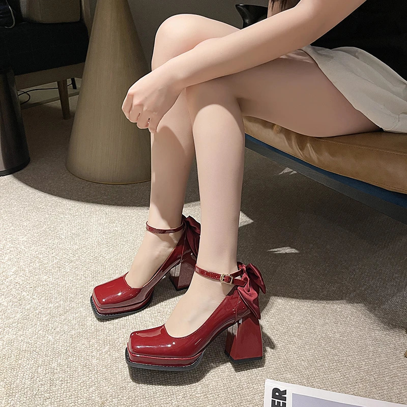 Mary Jane Womens Shoes Spring Shallow Mouth Thick Heel Square Head Waterproof Platform Fashion Large Single Shoe Women 240718