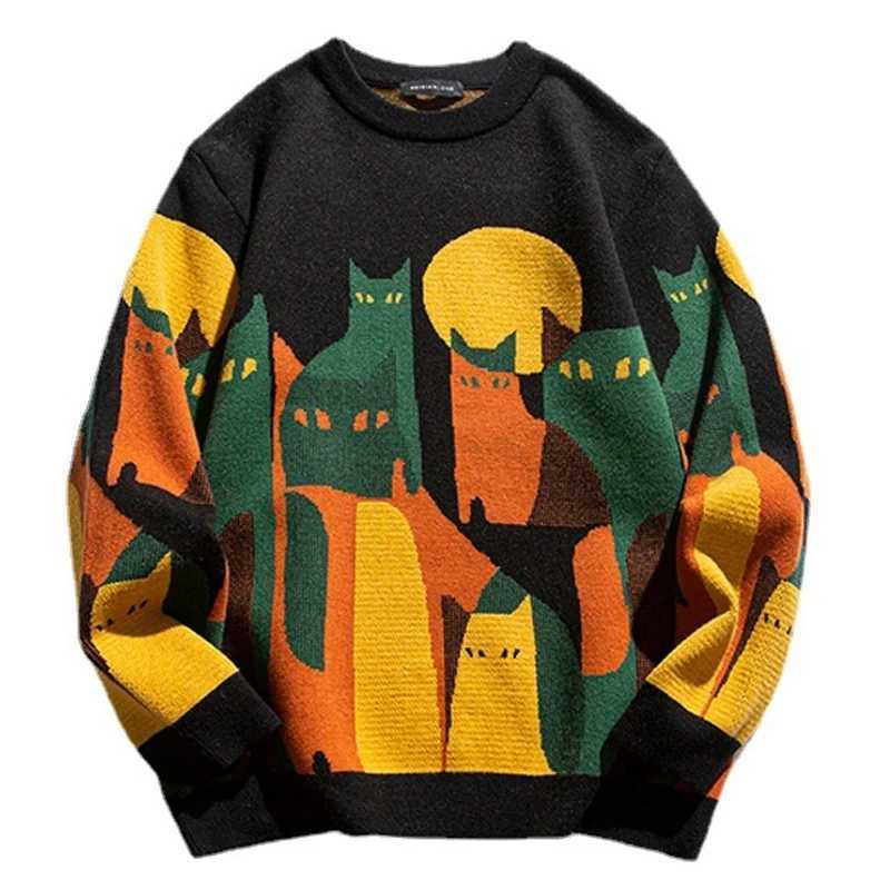 Autumn Knitted Sweater Men Women Winter Harajuku Cartoon Full Cat Print Pullover Vintage Causal Loose Sweaters Streetwear Z240912