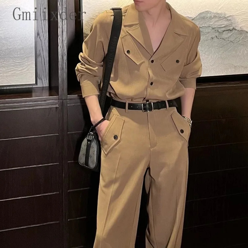 Korean Style Autumn Handsome Fashionable Shirt Suit Trendy Mens Loose Shirt Wide-leg Pants with One-piecetwo-piece Set Cityboy 240715
