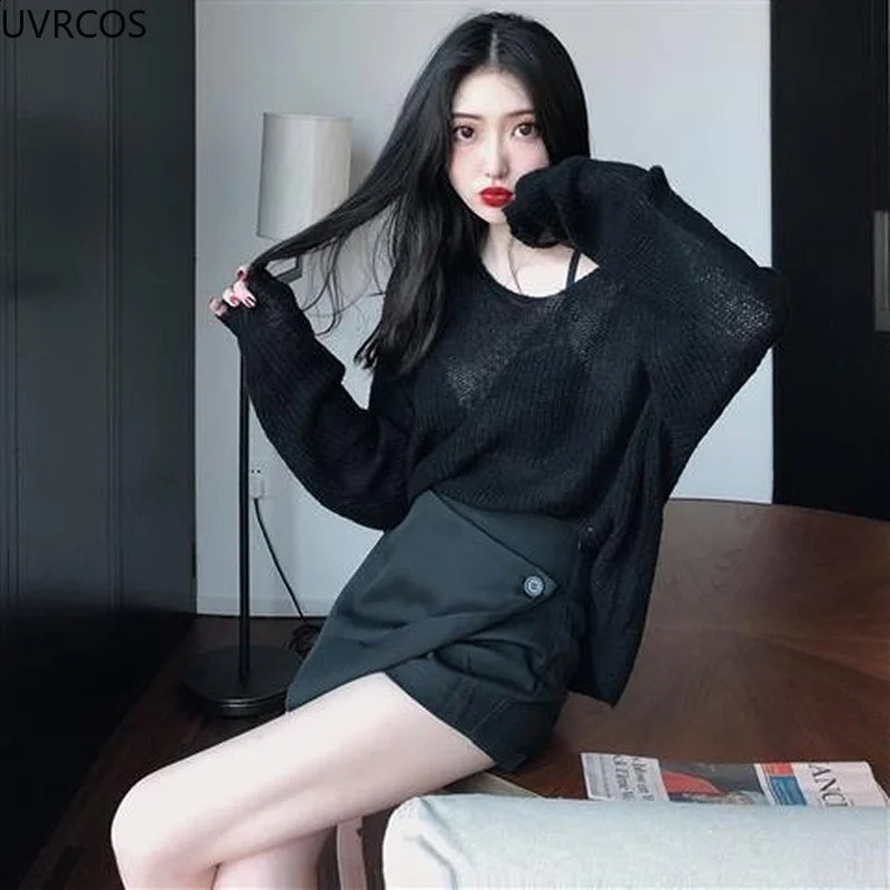 Sexy Thin Sweaters Women Vintage Hollow Knitted Pullovers Top Sweet Casual Loose Vneck Sweatshirt Elegant Korean Womens Clothes 240719