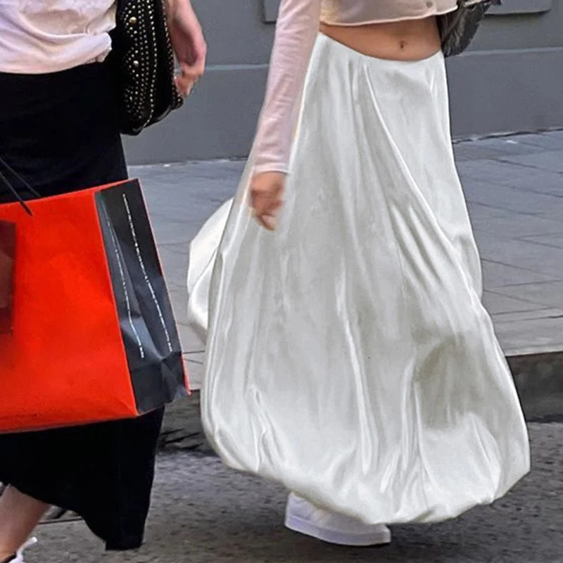 DEEPTOWN Balloon Skirt Long Women Satin Vintage Loose High Waist A-line Maxi Bubble Skirt Office Lady Elegant Female Old Money 240715