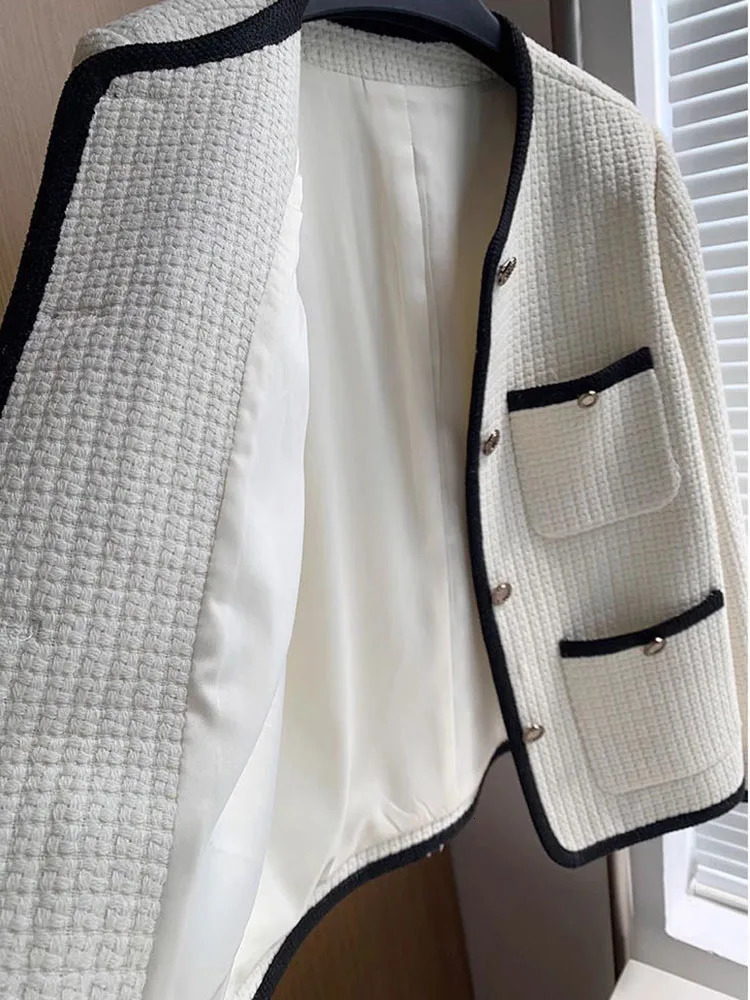 O-neck Tweed Single Breasted Woolen Jackets Korean Fashion Women Chic Wool Blend Tops Abrigos Spring Fall Elegant Casual Coats 240712