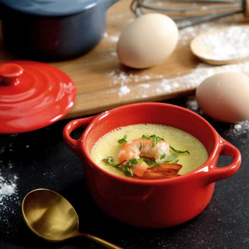 Ceramic Glazed Double Ear Bowl with Lid Microwave Oven Baking Bowl Breskfast Steamed Egg Pudding Bowl 200ml Kitchen TablewareB270723